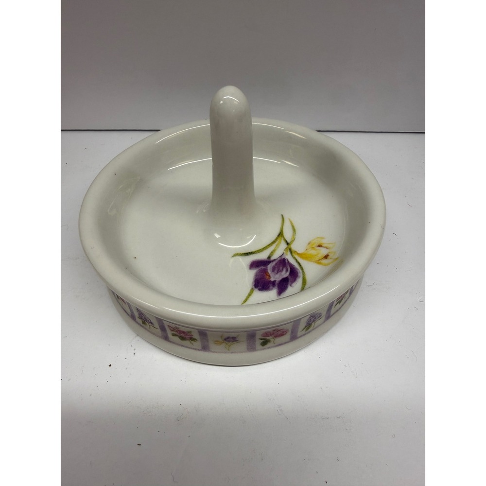 Bill Barnes Ceramic Floral Ring Holder Dish Purple Yellow Flowers Cottagecore
